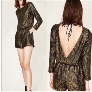 ZARA evening collection gold black metallic sequin long sleeve romper Sz XS